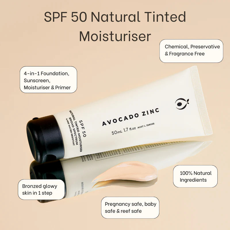 Avocado Zinc SPF 50 natural tinted moisturiser sunscreen light